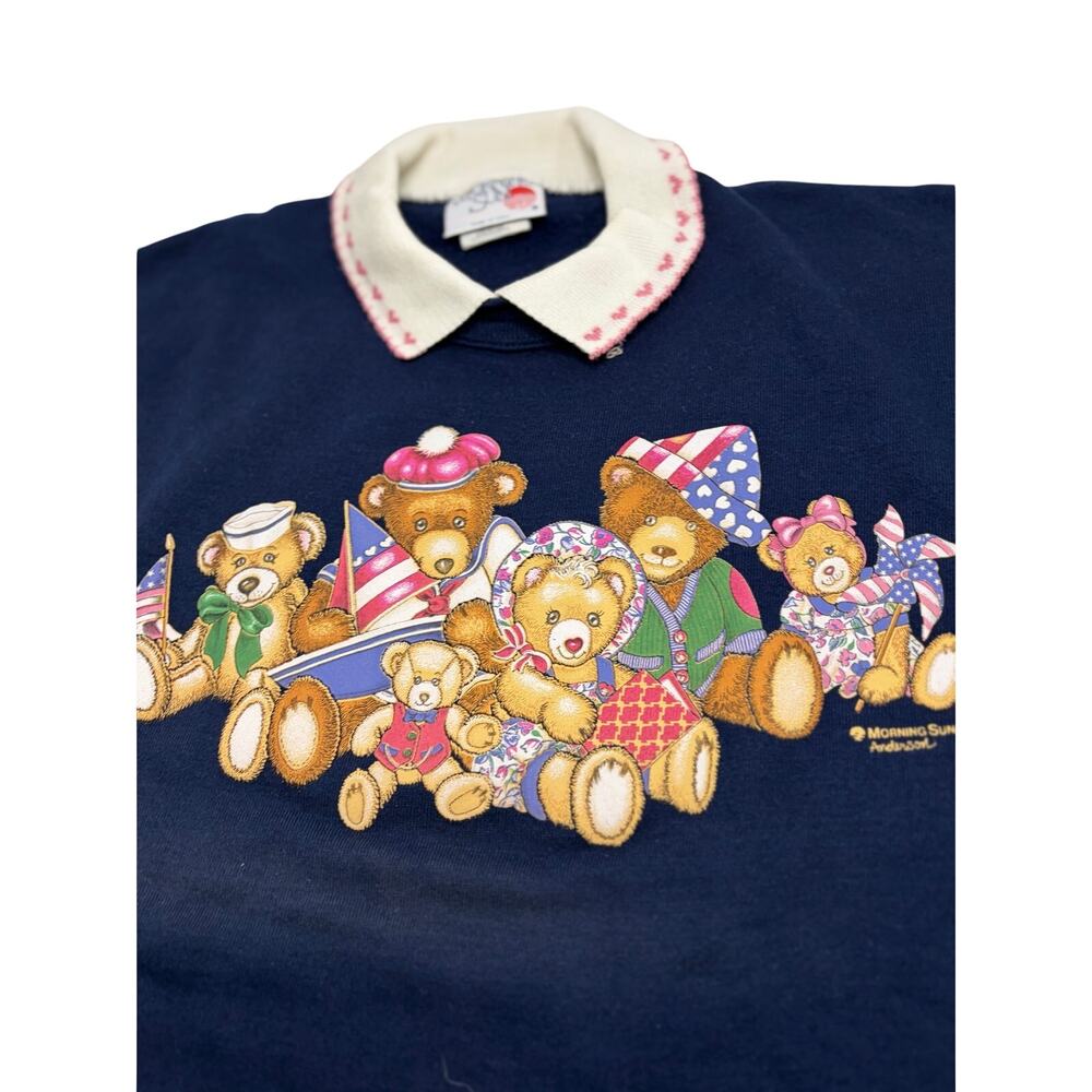 Vintage Morning Sun Teddy Bear Graphic Double Collared Pullover Granny Sweater L